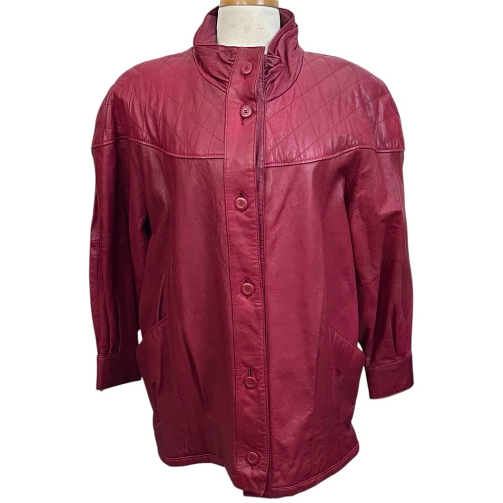 80s Vintage Red Leather Jacket Coat Oversized Womens Large